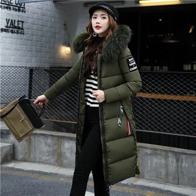 Women's Down Parkas Winter Jacket Coat Big Fur Collar Thick Slim Coats Fashion Hooded Cotton Outerwear Long Winter Woman Coat