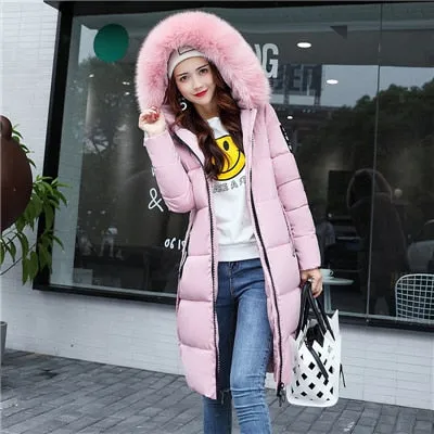 Women's Down Parkas Winter Jacket Coat Big Fur Collar Thick Slim Coats Fashion Hooded Cotton Outerwear Long Winter Woman Coat