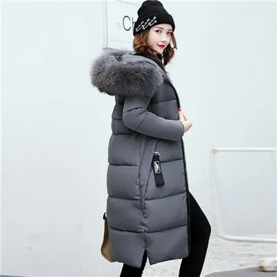 Women's Down Parkas Winter Jacket Coat Big Fur Collar Thick Slim Coats Fashion Hooded Cotton Outerwear Long Winter Woman Coat