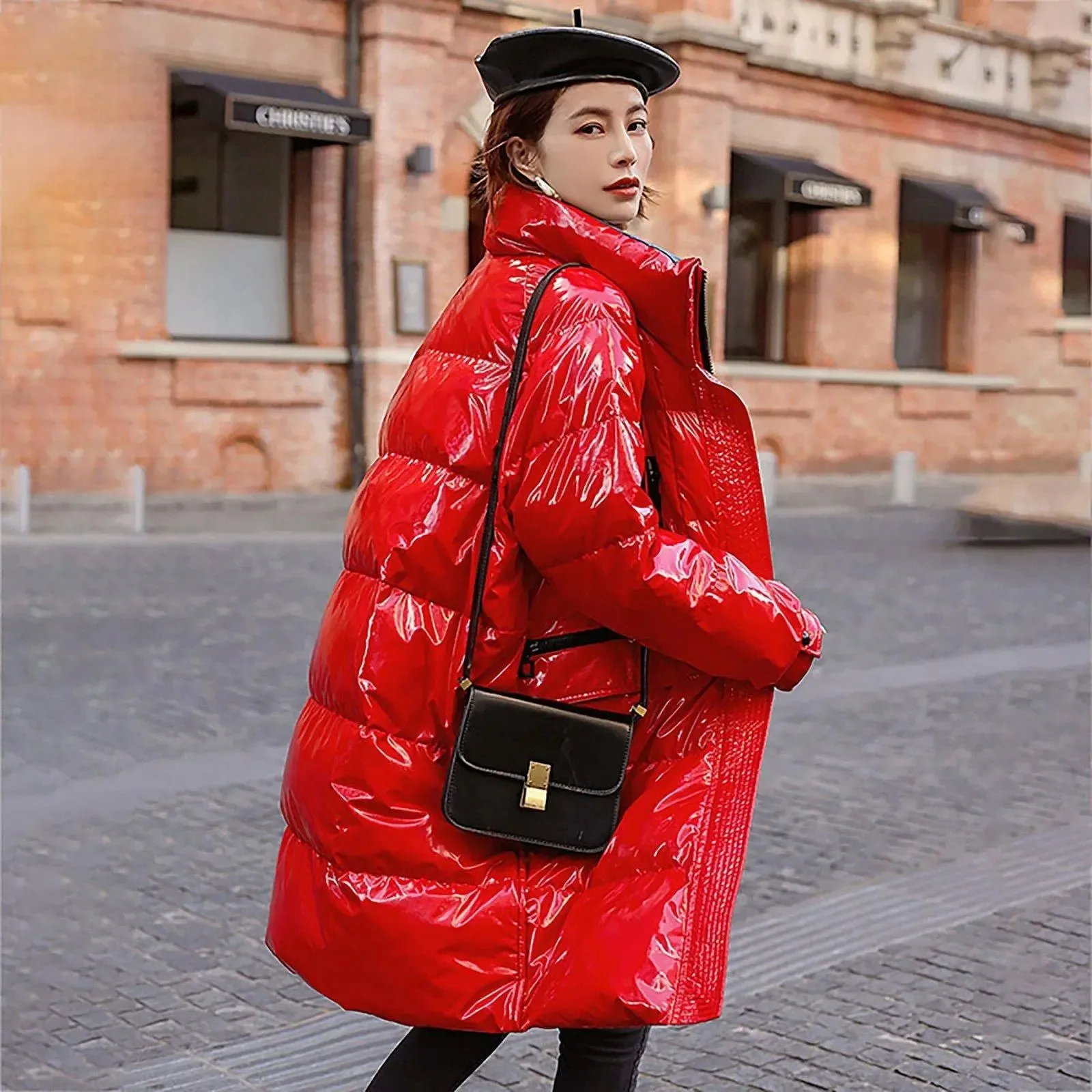 Women's Oversize Shiny Down Coat,Plus Size Down Jacket,Red Down Puffer Coat,Black Down Jacket,Quilted Down Parka Jacket,Warm Winter coat