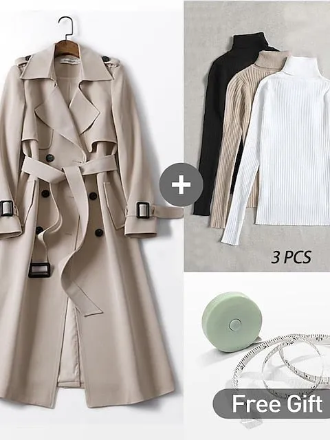 Women's Winter Wardrobe Essential: Chic 4-Piece Trench Coat & Sweater Ensemble