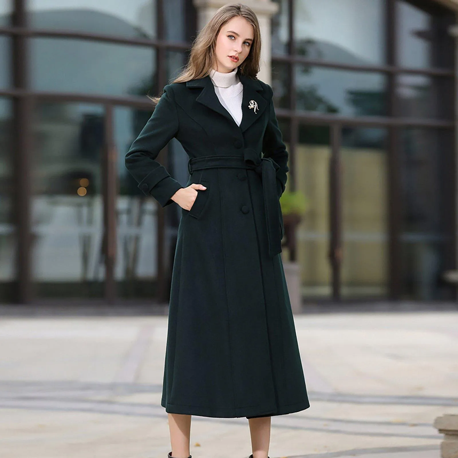 Wool Blend Belted Flared Bottom Coat