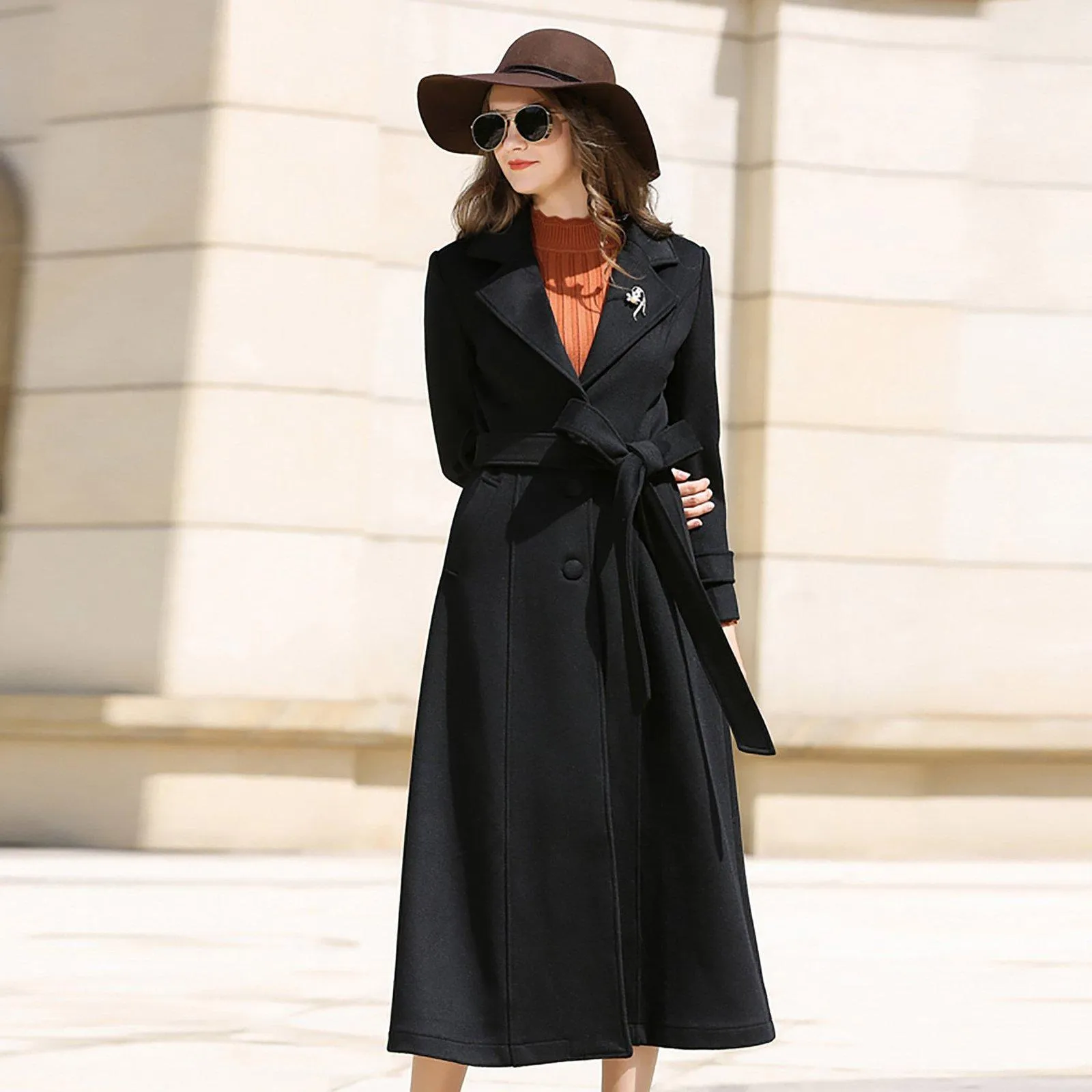 Wool Blend Belted Flared Bottom Coat